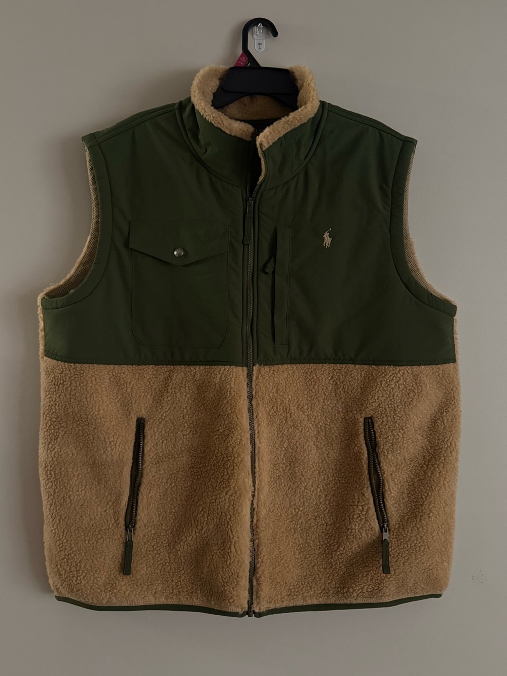 Ralph Lauren Olive Green & Tan Sherpa Zip Vest